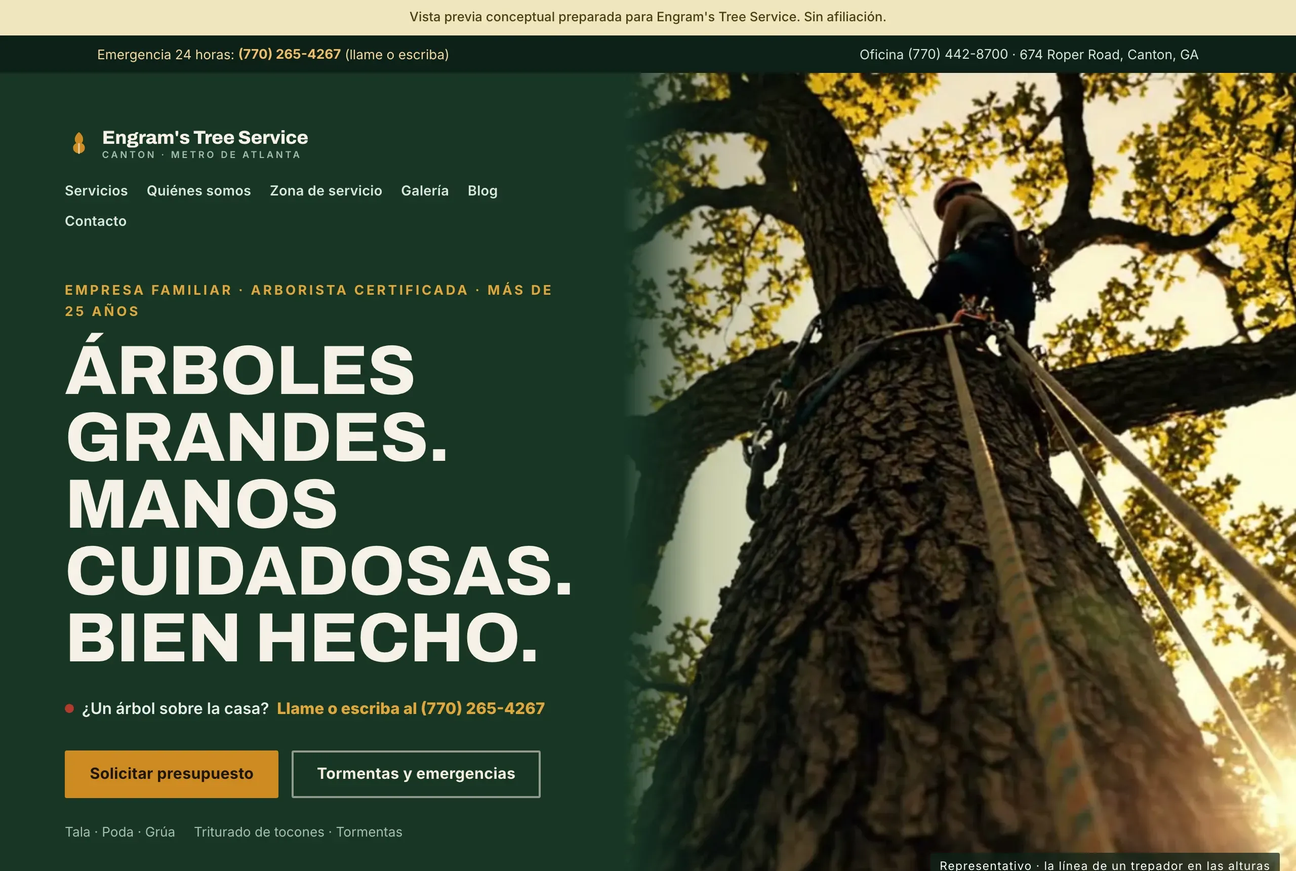 La página de inicio de At Height, creada y en vivo: un panel verde de declaración junto a una columna de trepador al atardecer, una franja de servicios de cuatro y una tarjeta de datos.