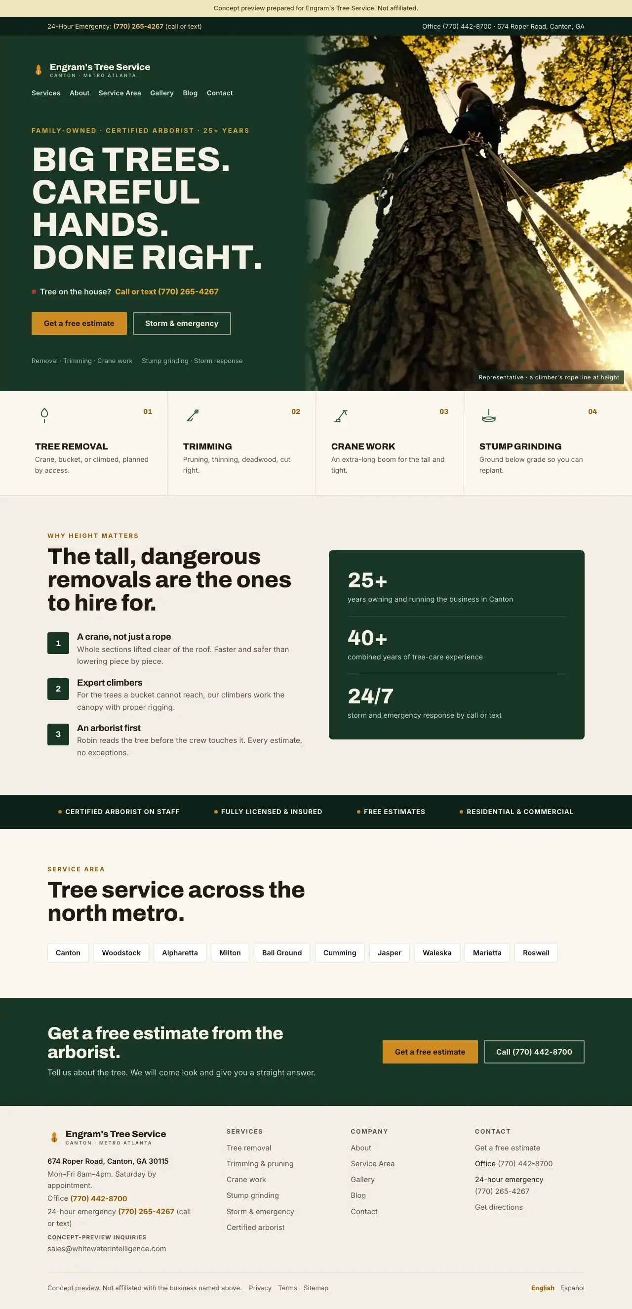 The At Height home page, built and live: a green statement panel beside a golden-hour climber column, a four-up service strip, and a stat card.