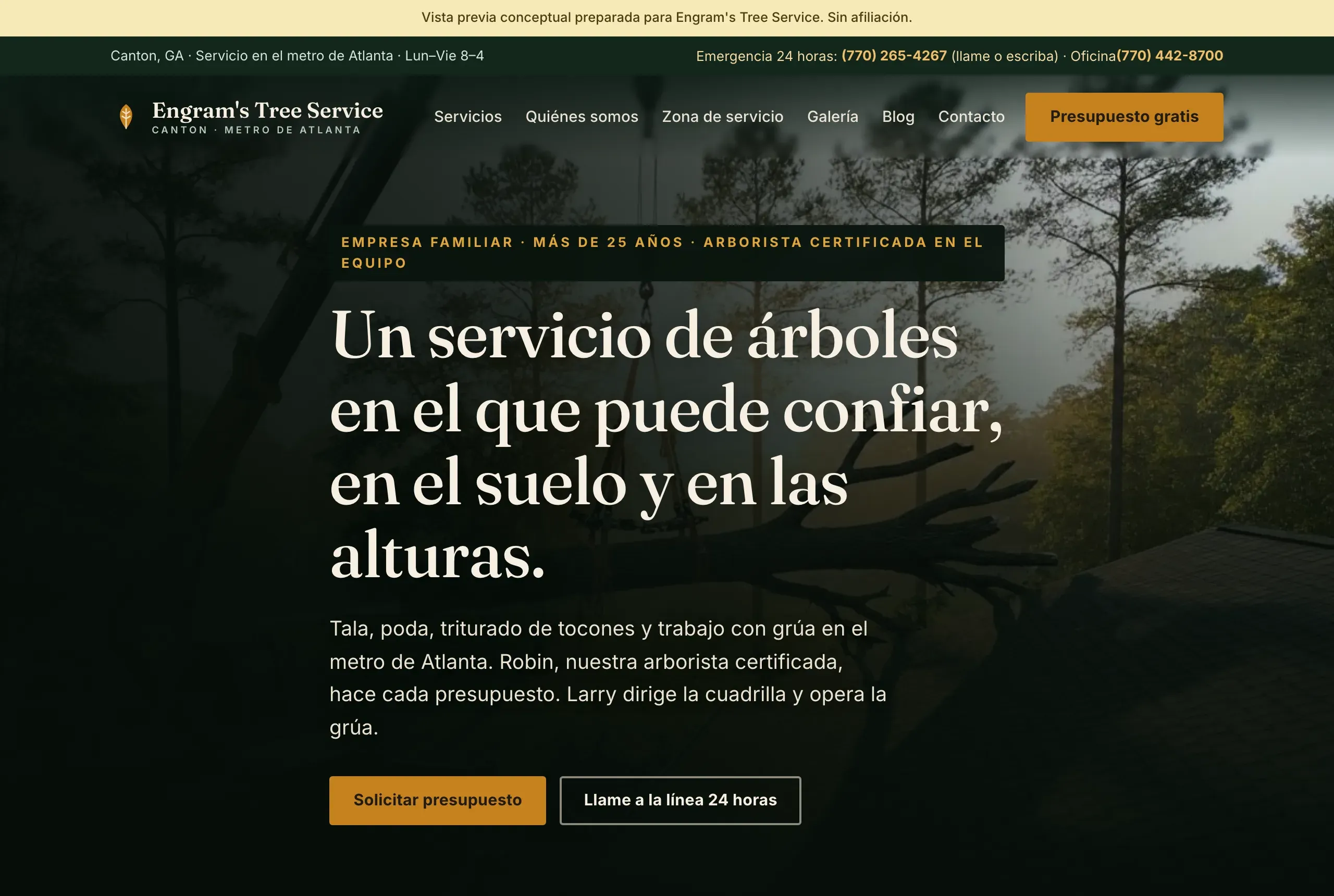La página de inicio de Dawn Crane, creada y en vivo: un hero de grúa al amanecer, una banda de confianza con marcas ámbar y tarjetas de servicio con foto.